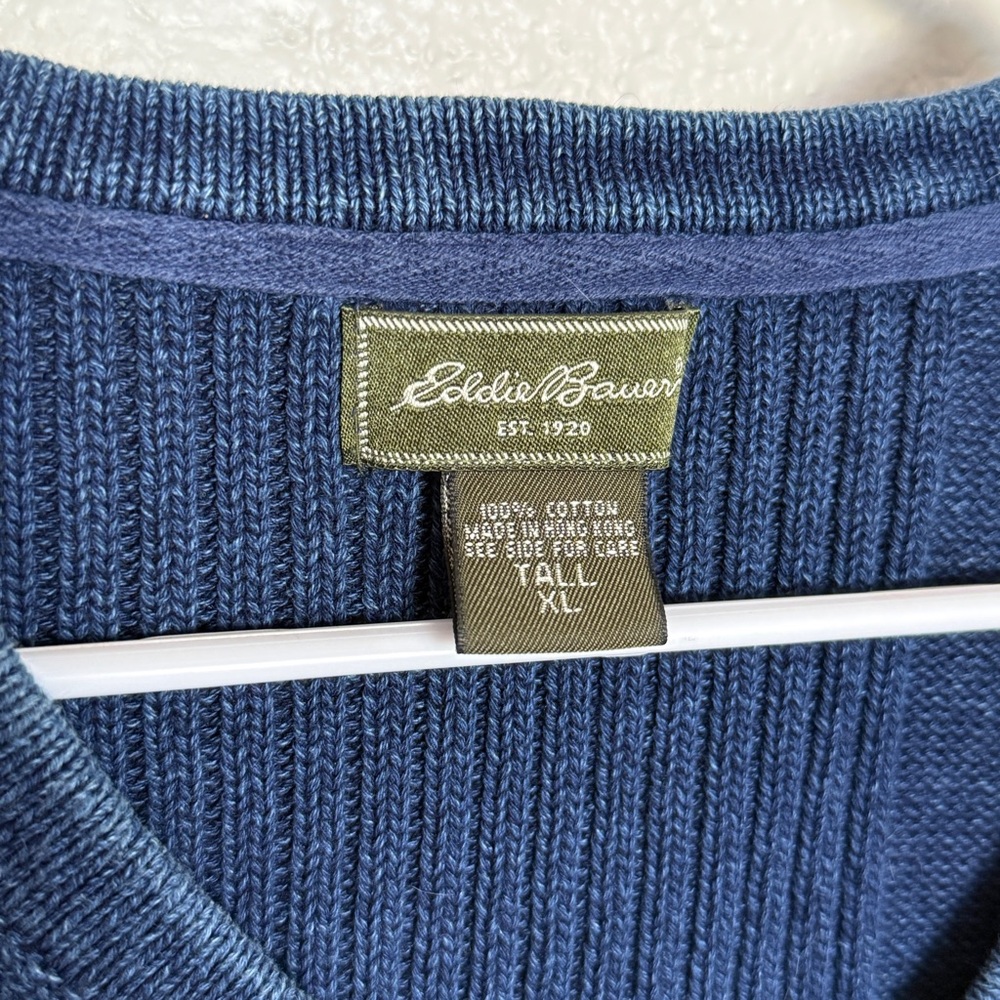 Vintage Eddie Bauer Men's V-Neck Sweater Blue 100% Cotton XL Tall - Picture 7 of 7
